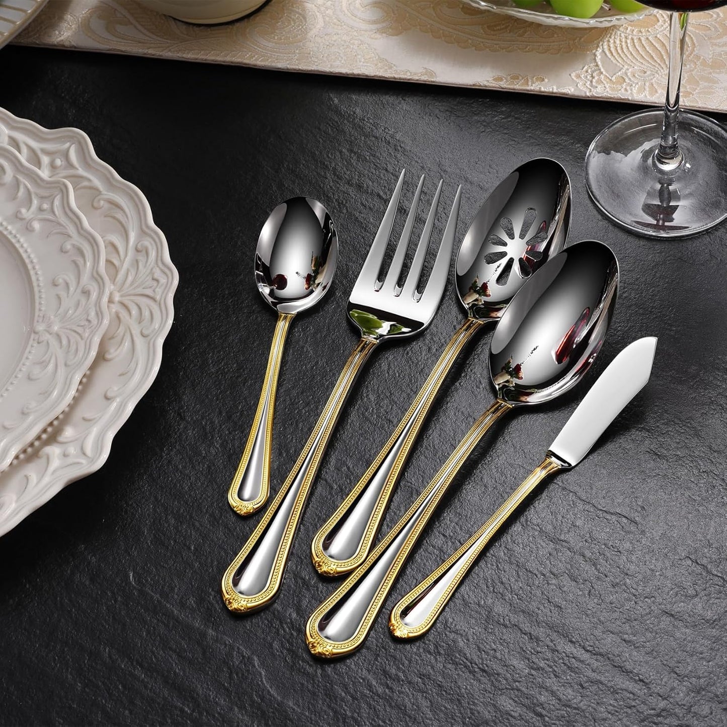 KEAWELL Pearl Edge Premium 45-Piece Refined Bead Silverware Set, 18/10 Stainless Steel, Service for 8, Fine Flatware Set with Serving Utensils, Dishwasher Safe (45, Gold Accent)