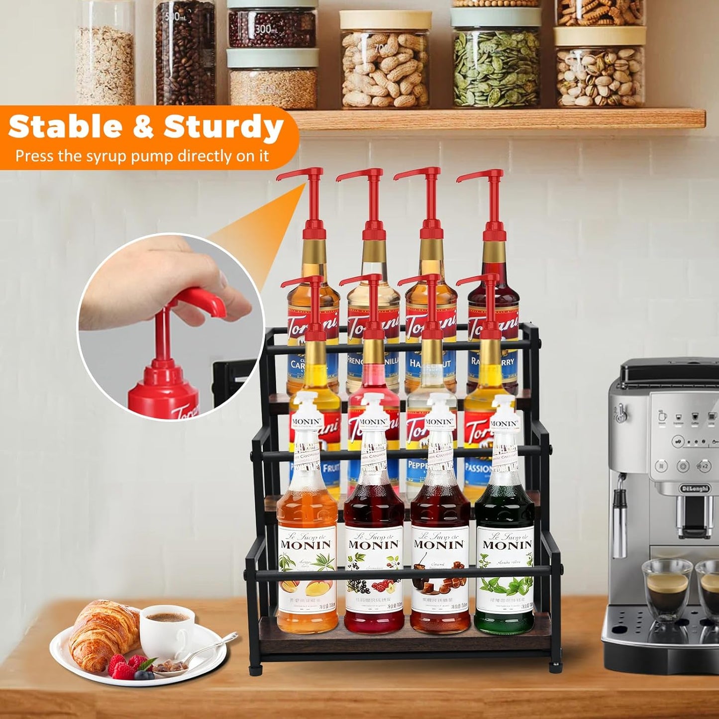 Coffee Syrup Rack - 3-Tier 12 Syrup Bottles Holder - Liquor Bottle Display Shelf - Kitchen Cabinet Organizer for Jars, Condiments - Wooden Countertop Organizer for Seasonings, Tea, or Coffee