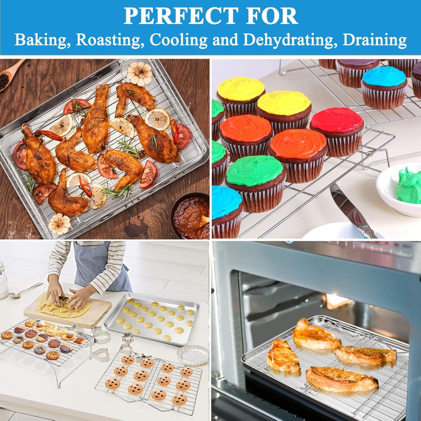 P&P CHEF 16 Inch Stainless Steel Baking Sheet with Rack Set (2 Pans+ 2 Racks), Cookie Sheets Baking Trays and Cooling Wire Racks, Oven & Dishwasher Safe, Pans with Stackable Racks