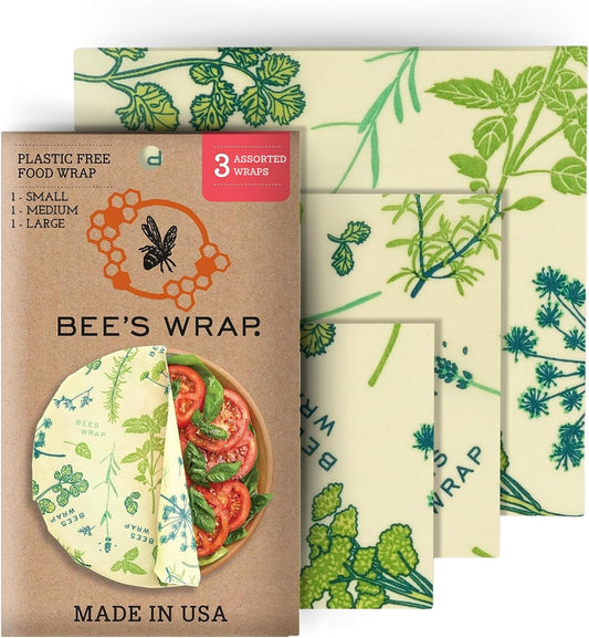 Bee's Wrap Vegan Beeswax Wraps for Food - Vegan Herb Garden 3 Pack (S, M, L) Made in USA Reusable & Organic Food Wraps, Sandwich Wrap & Bowl Covers - Eco Alternative to Aluminum Foil & Plastic Wrap