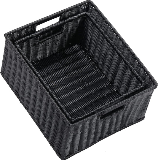 HOONEX Large Wicker Baskets for Storage, Plastic Baskets for Organizing with Dual Handles, Woven Baskets for Storage, Set of 2, (Black, 15 x 12.8 x 7.5 inches)