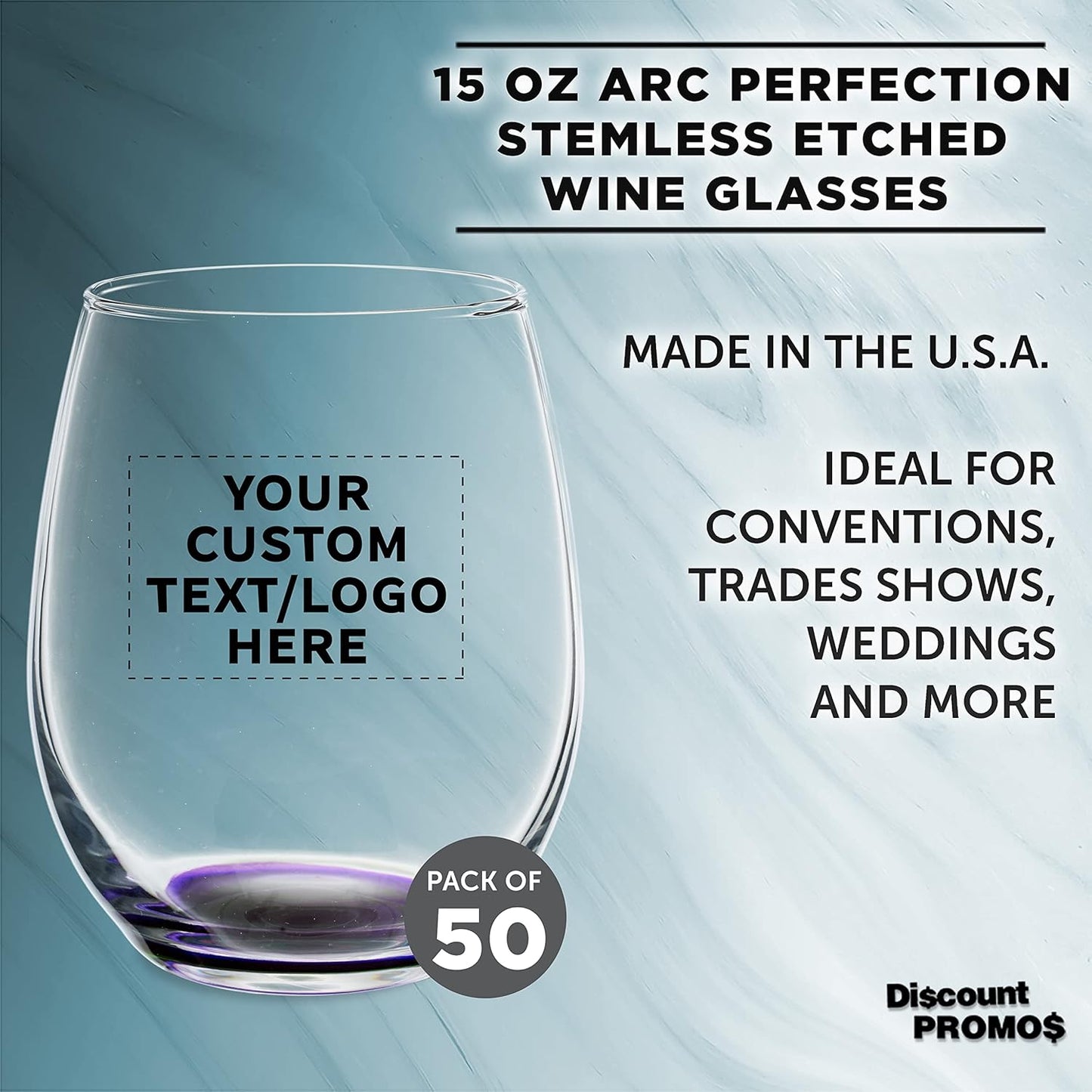 Custom Stemless Wine Glasses in Bulk by ARC Perfection, 15 oz, 50 pack, Personalized Text, Logo, Purple or White Wine Glass Set, Purple