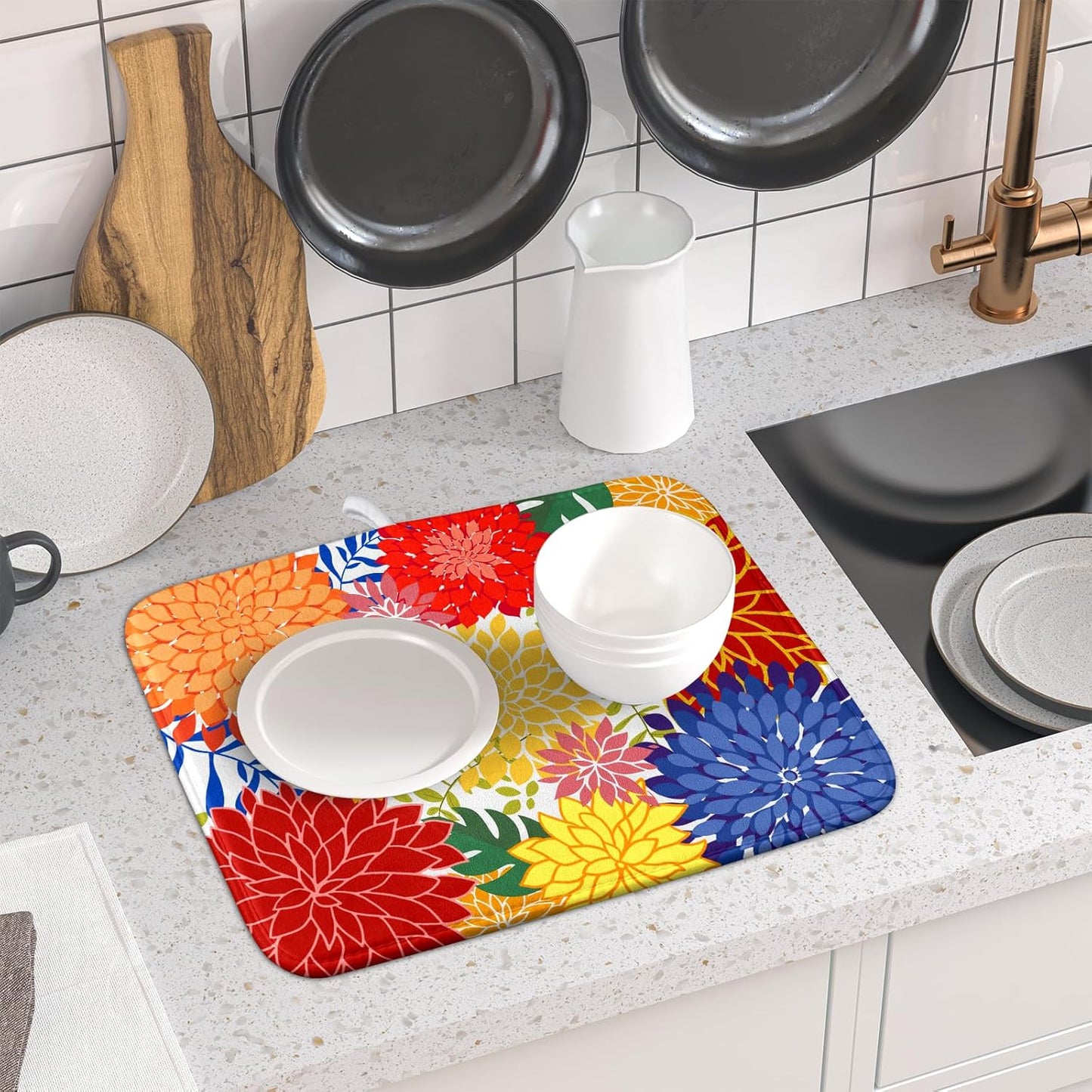 Modern Floral Dish Drying Mat 16x18 in Multicolored Tropical Drying Pad for Kitchen Counter