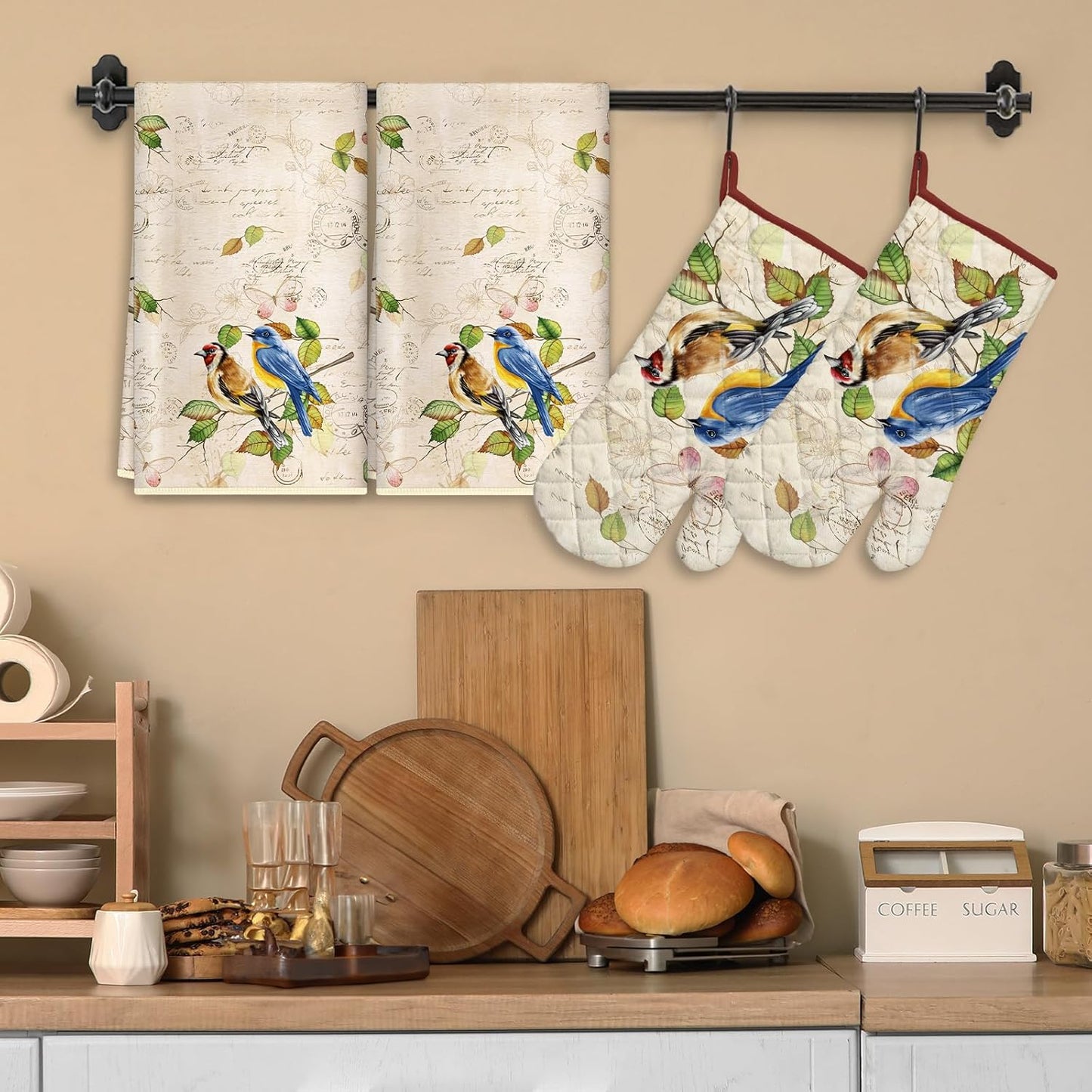 Vintage Bird Kitchen Towels and Oven Mitts Set 4Pcs, Soft Absorbent Dish Cloth Heat Resistant Oven Gloves for Cooking Baking Kitchen Decoration, Gifts for Her