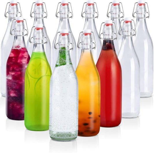 Ilyapa 16 oz Clear Flip Top Glass Beer Bottles for Home Brewing, Set of 12 Heavy Duty Glasses