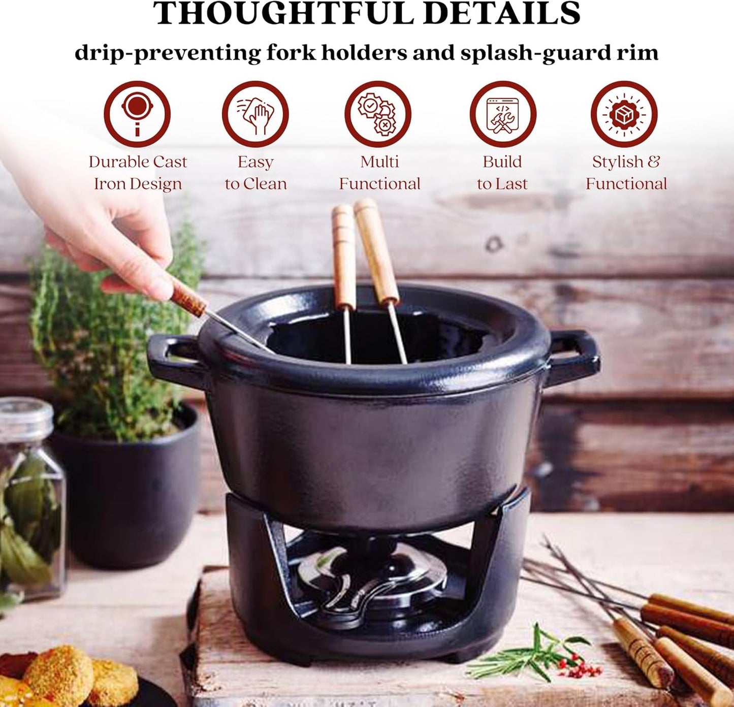 Alva Nori Cast Iron 2-Qt Fondue Pot Set – Made With No PTFE/PFOA/PFAS, Oven Safe – Works on Induction – 3-Layer Enamel, Easy to Clean, No Seasoning Needed – Includes 8 Forks, Burner & Stand
