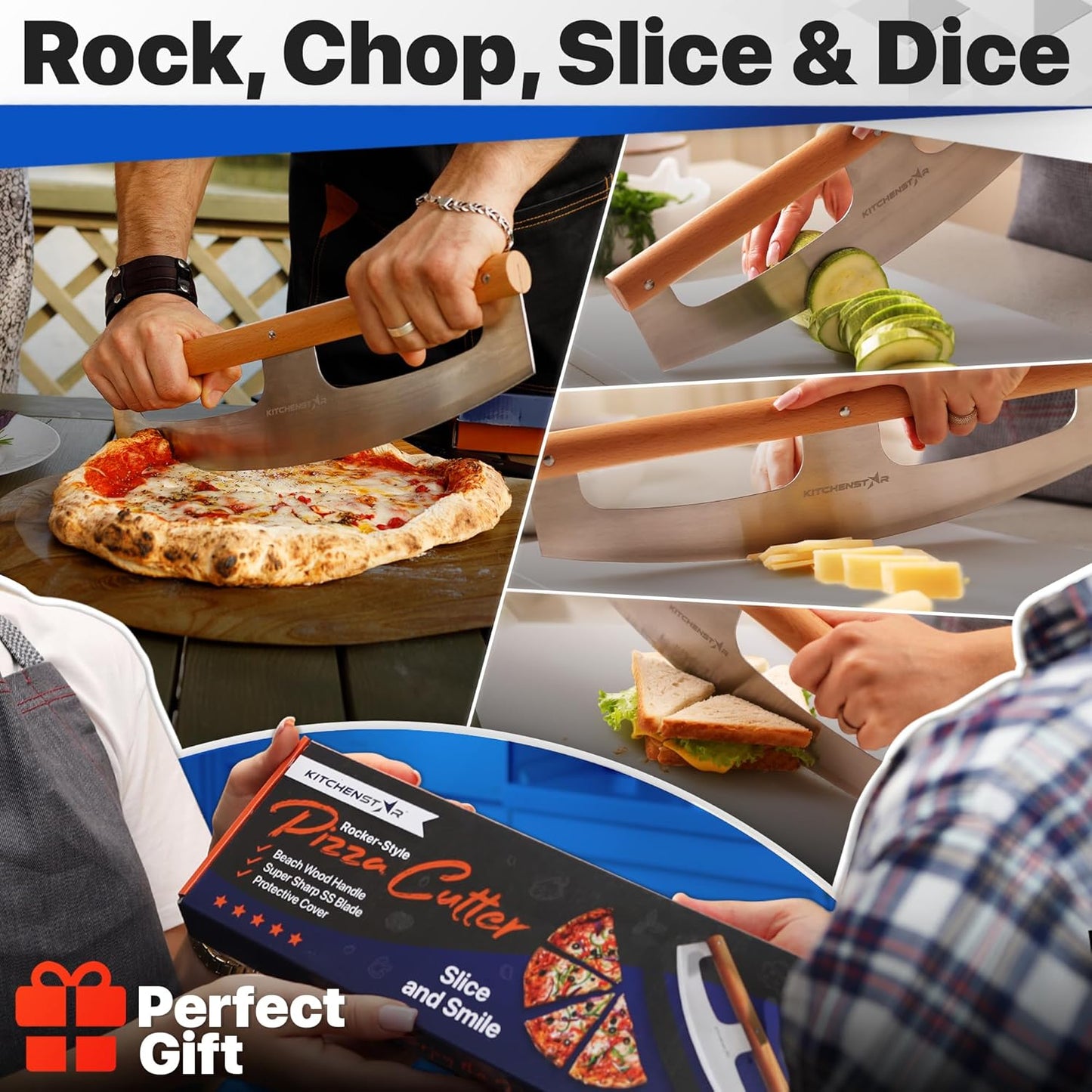 KitchenStar 16-Inch Pizza Cutter Rocker Blade - Razor Sharp Stainless Steel Slicer Knife, Stylish Beech Wood Handle, Protective Cover - Professional Pizza Oven Accessories, Silver