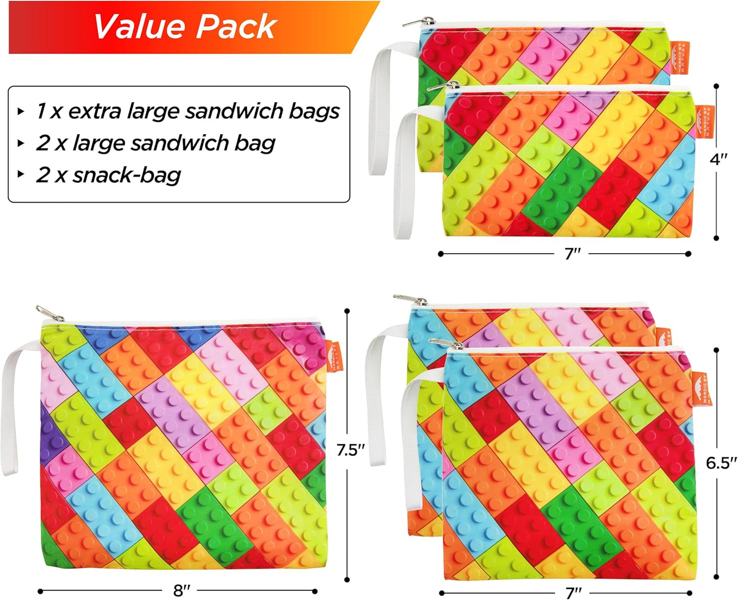 Nordic By Nature Reusable Sandwich Bag Snack Bags - Value Pack of 5 Dual Layer Lunch Baggies - Dishwasher Safe - Eco Friendly Cloth Wraps - Easy Open Zipper (Color Blocks)
