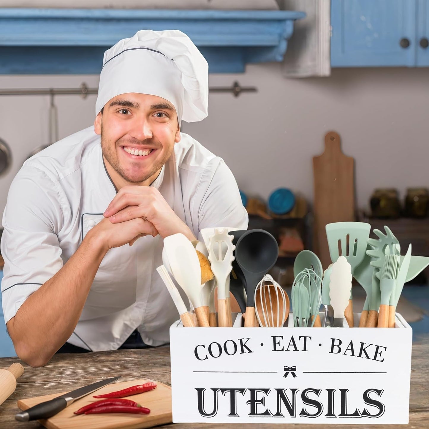 Utensil Holder,Extra Large Wooden Utensil Holder For Kitchen Counter,Cooking Spatula Organizer,Big Storage Caddy With 4 Compartments Flatware Spoon Tool Cutlery（White）