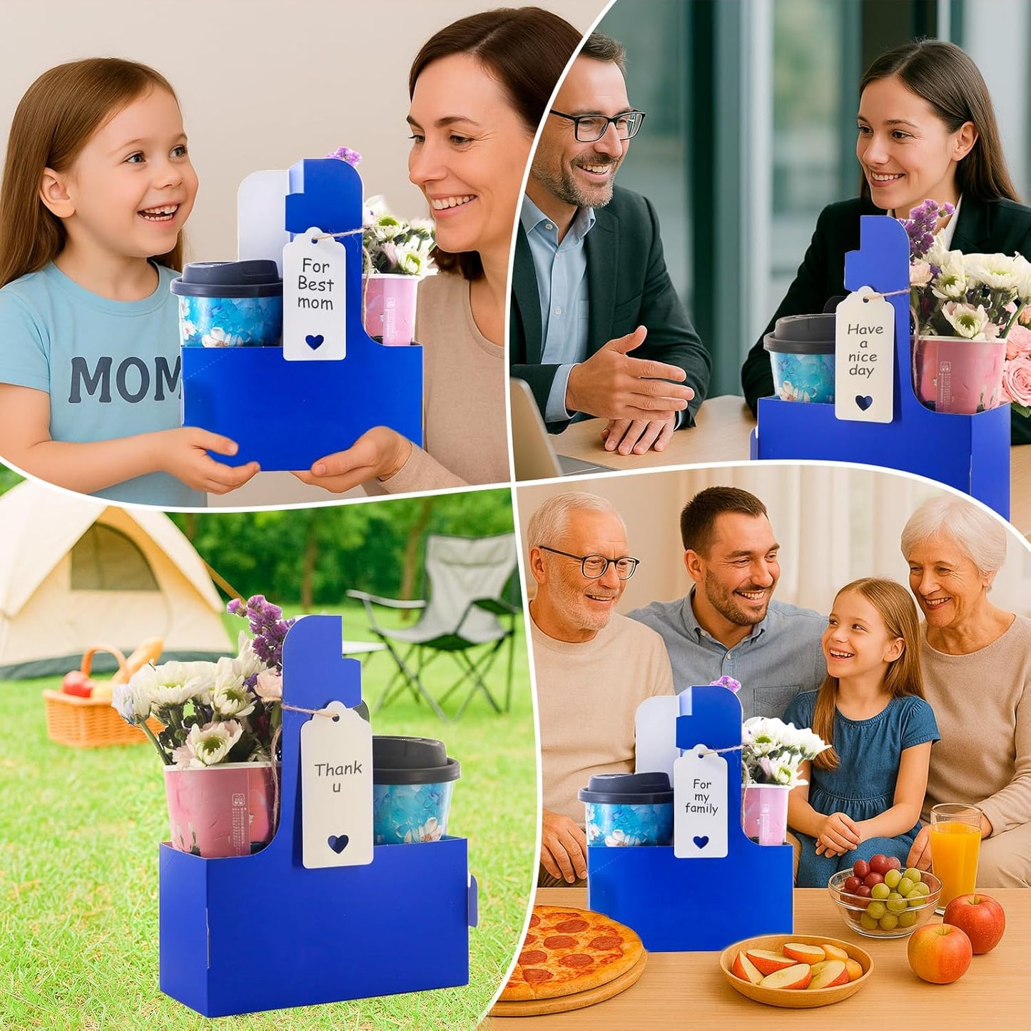 10 Pack 2 Cup Disposable Drink Carrier with Handle Paperboard Coffee Cup Holder Portable for Hot Cold Drinks Food Delivery Services with Heart Card for Teacher Appreciation Week Mother's Day