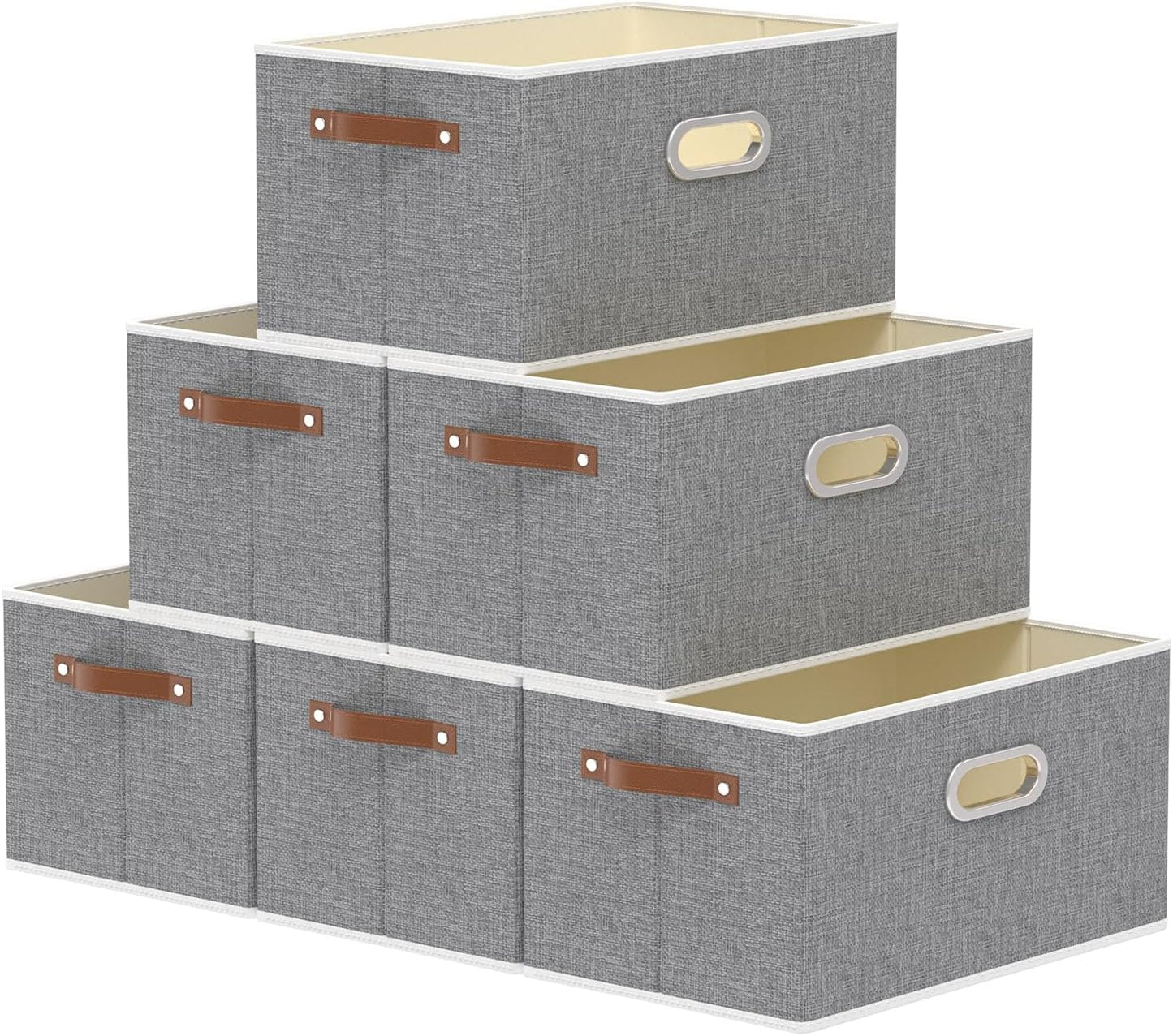 Yawinhe Foldable Storage Baskets for Shelves, Fabric Closet Organizers, Bins with 3 Handles, Cubes for Clothes, Grey, 15''Lx9.8''Wx8.3''H, 6-Pack