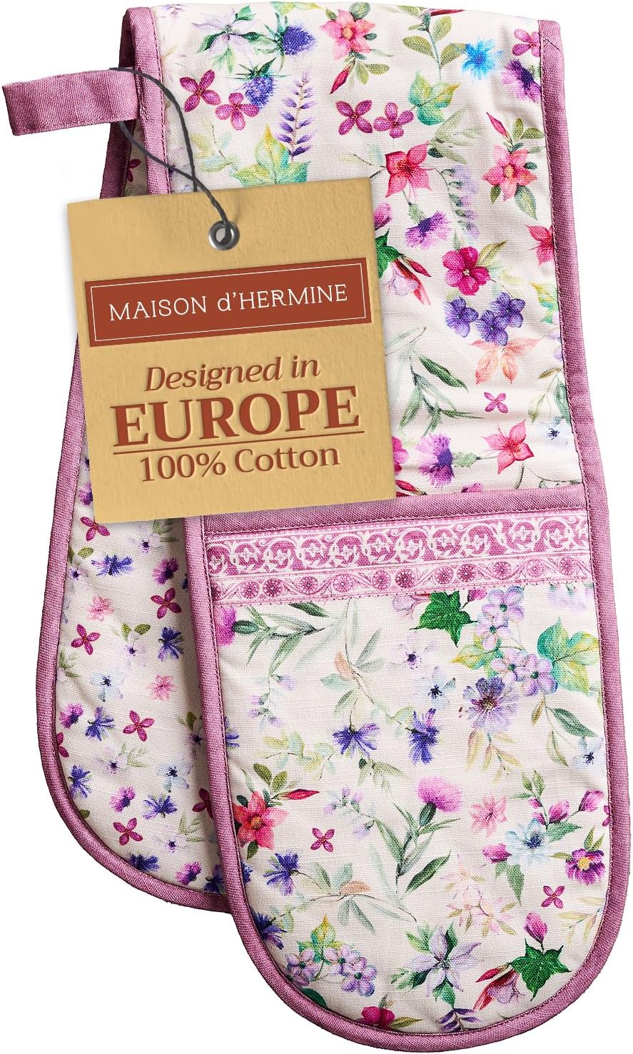 Maison d' Hermine Double Oven Mitts 100% Cotton 7"x35" Double Oven Mitt Heat Resistant BBQ Cooking Gloves with Loop, Baking, Grilling, Home, Kitchen, Handling Hot Pans Spring Summer (Chardon)