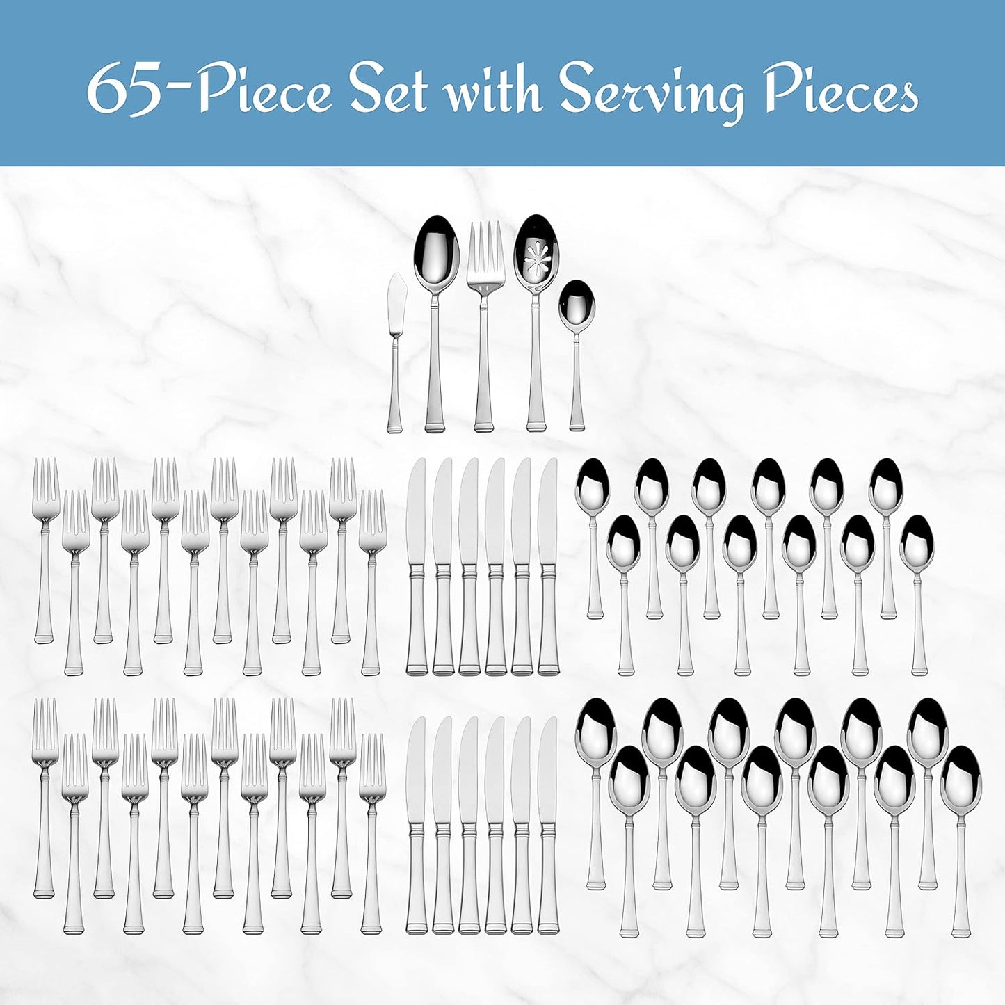 Mikasa Harmony 65-Piece Flatware Set for 12, 18/10 Stainless Steel Silverware with Forks, Knives, Spoons, and Serving Utensils, Elegant Design