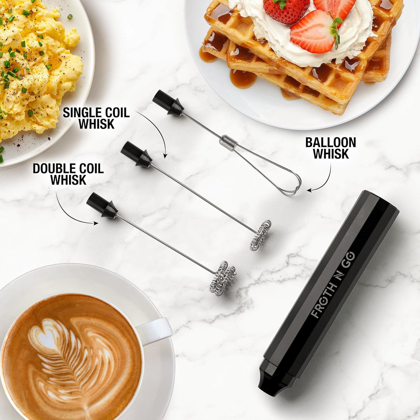 Zulay Froth N Go Milk Frother Rechargeable - 3-in-1 Frother Wand With Case & USB-C Charger - Comes With 3 Whisk Attachments for Latte, Cappuccino, Matcha, Protein Shakes - Black