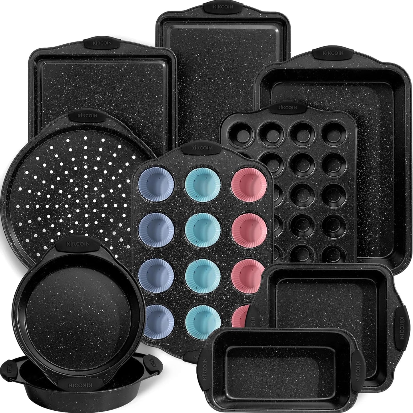 Kikcoin 22 PCS Nonstick Baking Pans Set, Stackable Bakeware Sets with Silicone Handles, 450°F Oven Safe Baking Sheet set, Easy Release Cookie Sheets for Baking, Black