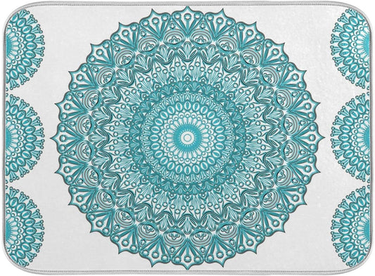 Super Absorbent Dish Drying Mat, Microfiber Fast-Drying Dish Mat, 24" x 18", Kitchen Dish Drying Pad, Boho Ethnic Turquoise Mandala