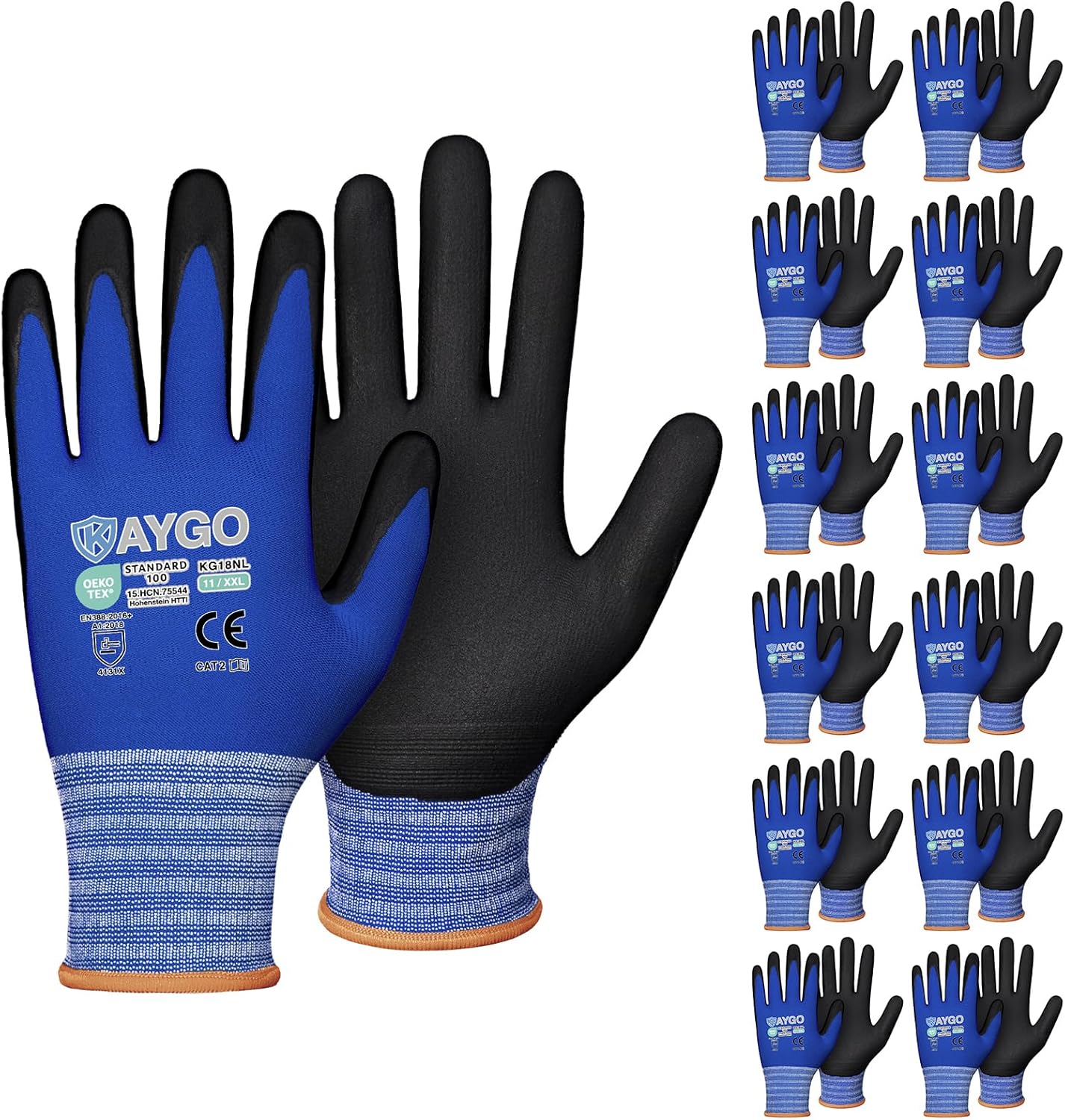 Safety Work Gloves MicroFoam Nitrile Coated-12 Pairs,KAYGO KG18NB,Seamless Knit Nylon Glove with Black Micro-Foam Nitrile Grip,Ideal for General Purpose,Automotive,Home Improvement Blue