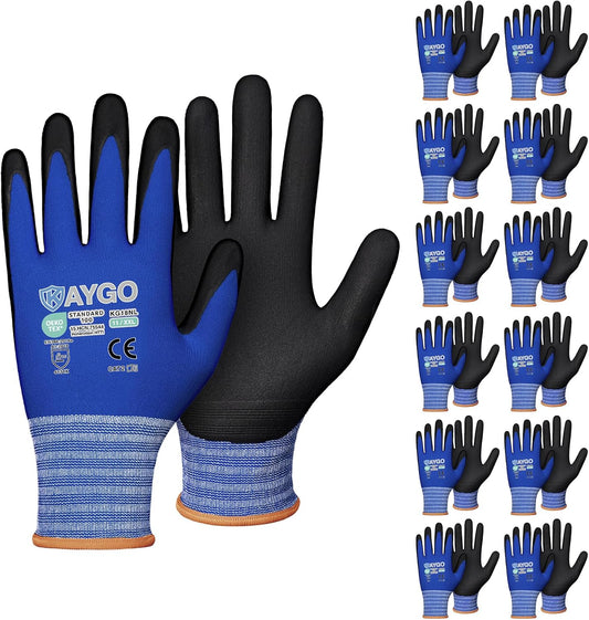 Safety Work Gloves MicroFoam Nitrile Coated-12 Pairs,KAYGO KG18NB,Seamless Knit Nylon Glove with Black Micro-Foam Nitrile Grip,Ideal for General Purpose,Automotive,Home Improvement Blue