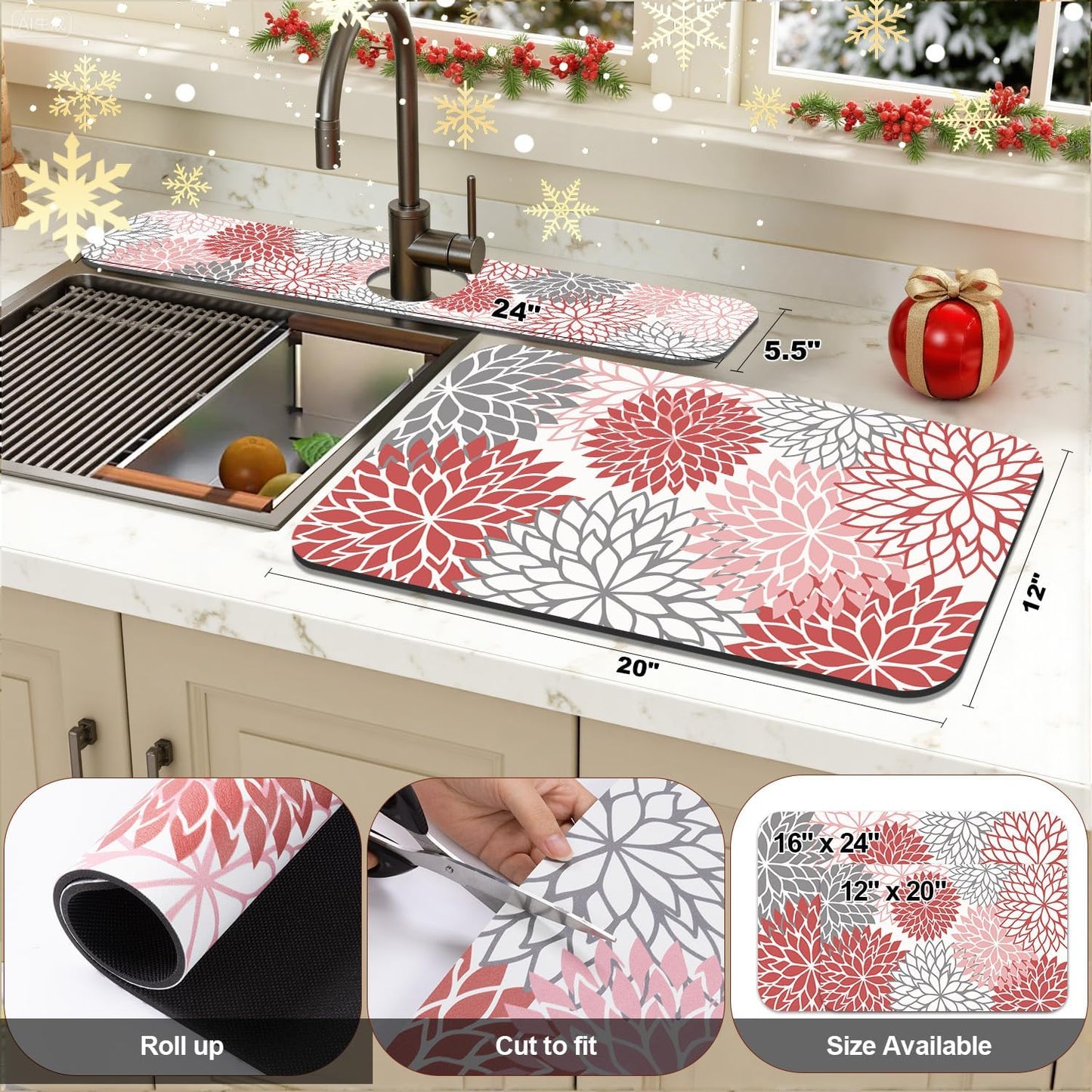 Findosom 2PCS 16" x 24" Dish Drying Mat & 24" x 5.5" Sink Splash Guard, Super Absorbent & Cuttable Dish Mat Drying Kitchen Mat with Red Floral, Hide Stain Drying Mat for Kitchen Counter