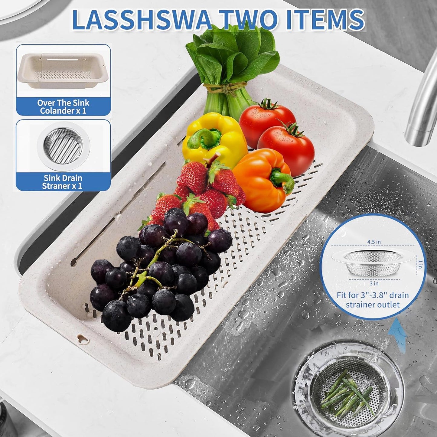 LASSHSWA Collapsible Colander and Strainer for Kitchen, Over the Sink Strainer Basket for Kitchen, Fruit Pasta Food Strainer Expandable Plastic Colander with A Sink Drain Strainer Stainless Steel