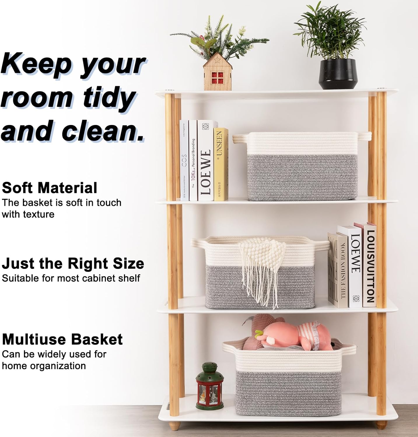 OIAHOMY 3 Pack Storage Basket for Organizing, 13''X9.85''X8.7'' Storage Bins,Woven Basket Basket with Handles, Toy Storage Basket Bin,Stylish Room Decor Basket, White & Grey variegated