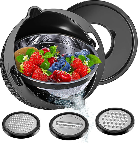 4-1 Colander with Bowl Set - Colander for Kitchen - Strainers and Colanders - Pasta Strainer - Funny Presents for Women - Rice Strainer Fruit Cleaner Veggie Wash Kitchen Gadgets Essentials, Black