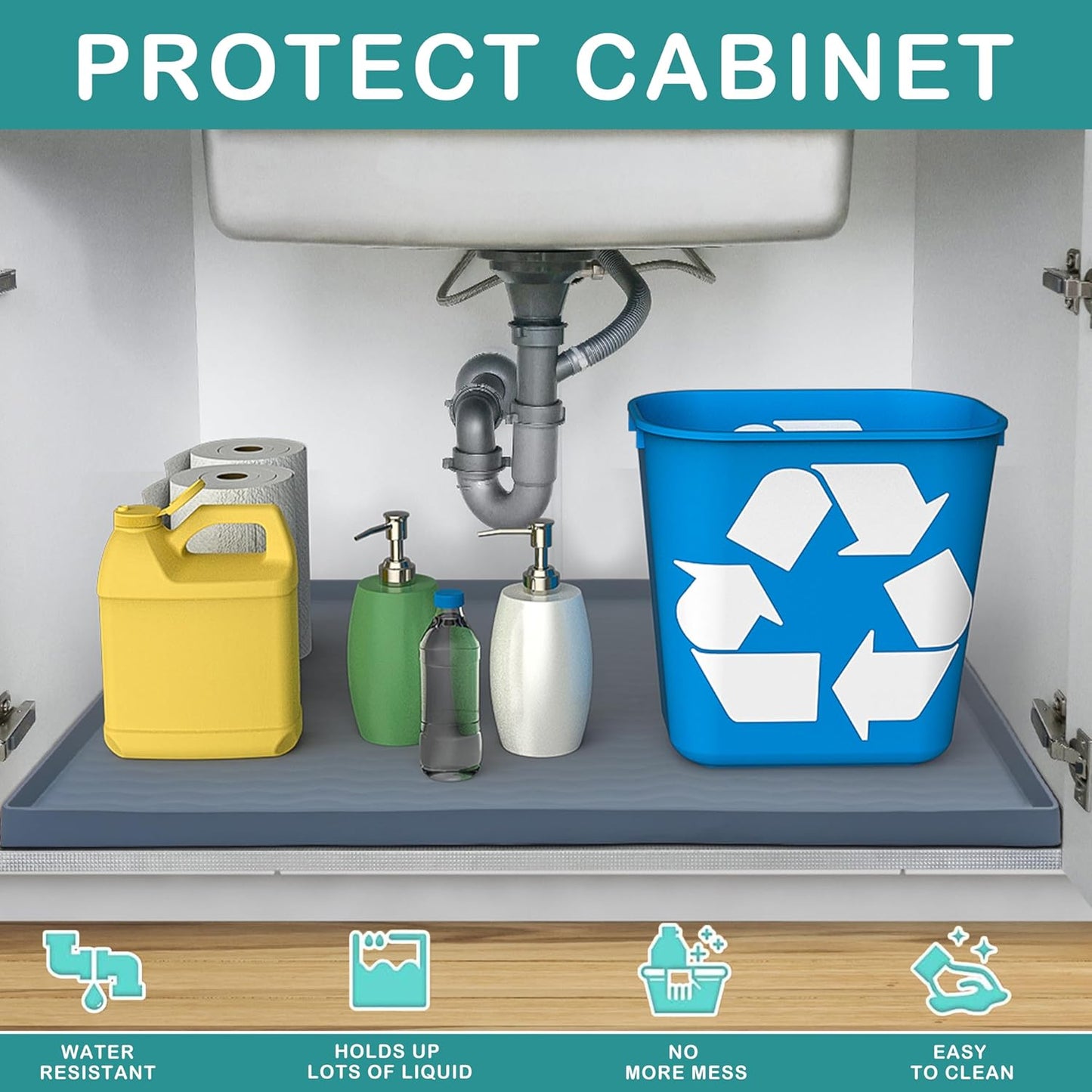 URMONA Waterproof Silicone Under Sink Mat 37'' x 22'' Shelf Liner for Kitchen and Bathroom, Cabinet and Counter Protector, Storage and Organizers, Litter Mat, Pet Cat Puppy Essentials(Beige)