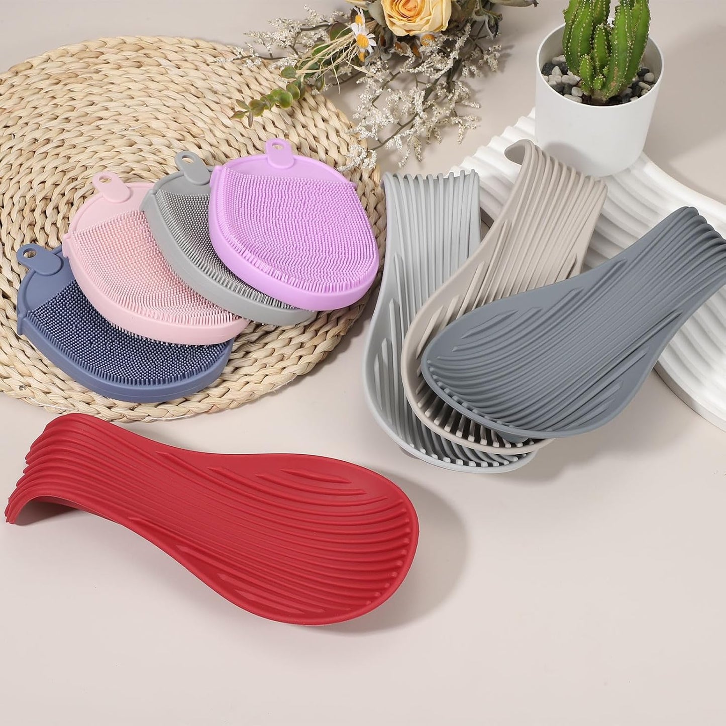 uxcell 1 Set Silicone Spoon Rest for Stove Top, Silicone Spoon Holder for Cooking Spatula, Ladle, Brush Red/Dark Blue