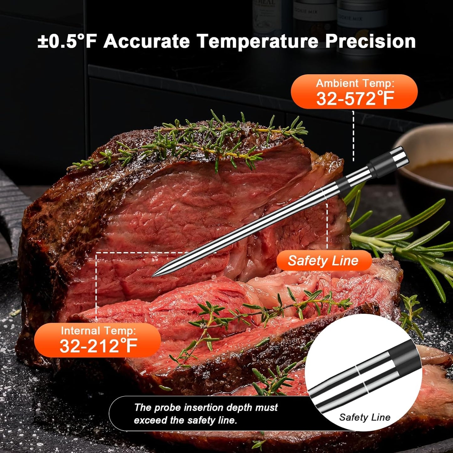 Wireless Meat Thermometer with Smart Timer & APP Alerts, 800ft Bluetooth Grill Food Thermometer, 4 X 0.19In Ultra Thin Probes, ±0.5℉ Accuracy, Big Digital Backlit Screen, for BBQ, Oven, Smoker