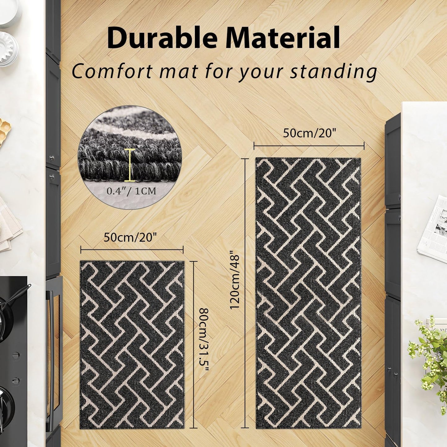 hicorfe Kitchen Rugs and Mats Sets,Non-Slip 2 Pieces Absorbent 100% Polypropylene Rug,Comfort Kitchen Runner Mat,Washable for Kitchen,Sink,Laundry(20" x 31.5" Plus 20" x 48",Black)