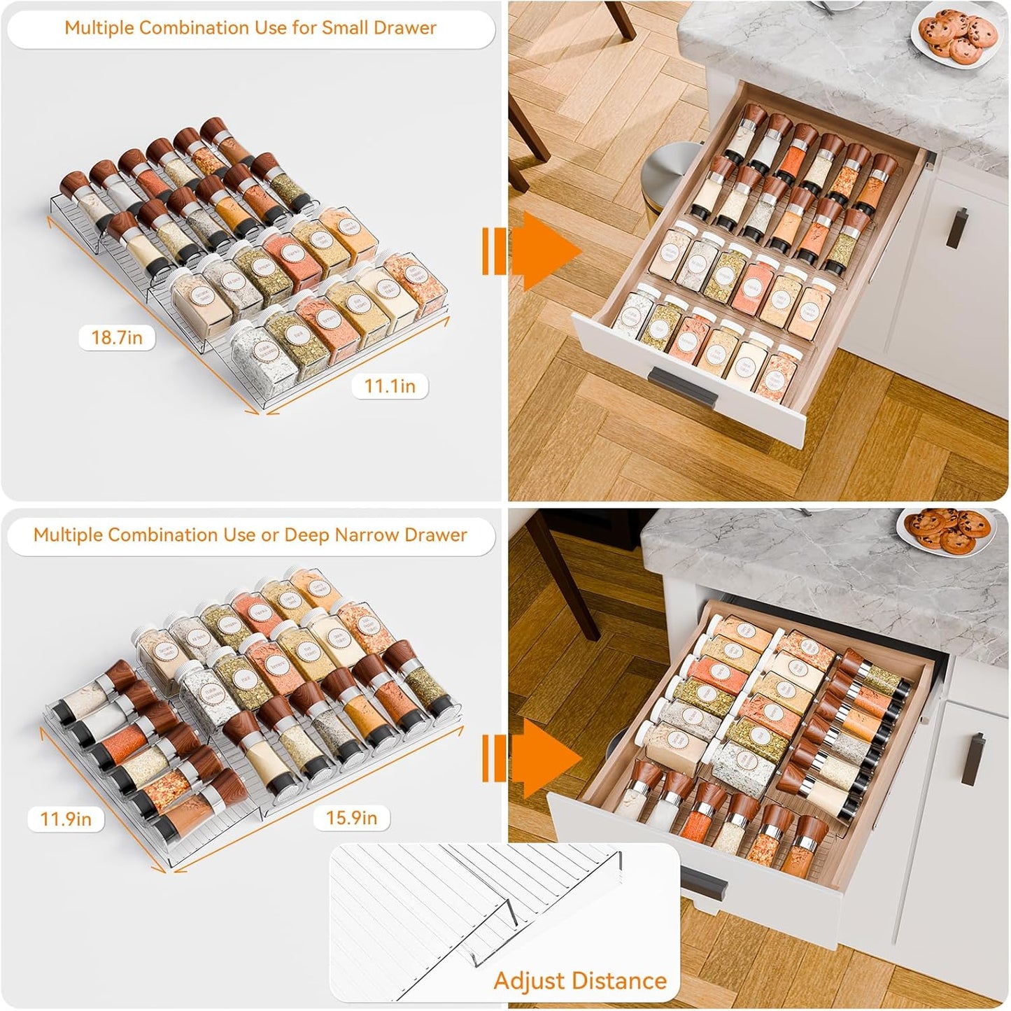 Yieach 4 Pack Adjustable In Drawer Spice Organizer - Expandable From 11'' to 22'' - Acrylic Drawer Seasoning Organizer,Clear Spice Organization Tray for Cabinet Drawers Condiment,Nail Polish and Jar