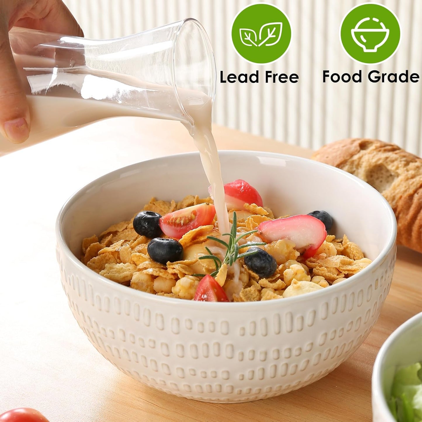 40 OZ Large Cereal Bowls Set of 4, Farmhouse Embossment Ceramic Salad Bowls for Soup, Serving, Fruit, Snack, Noodle, Ramen, Pho, Microwave & Dishwasher Safe, 6.7 Inch White