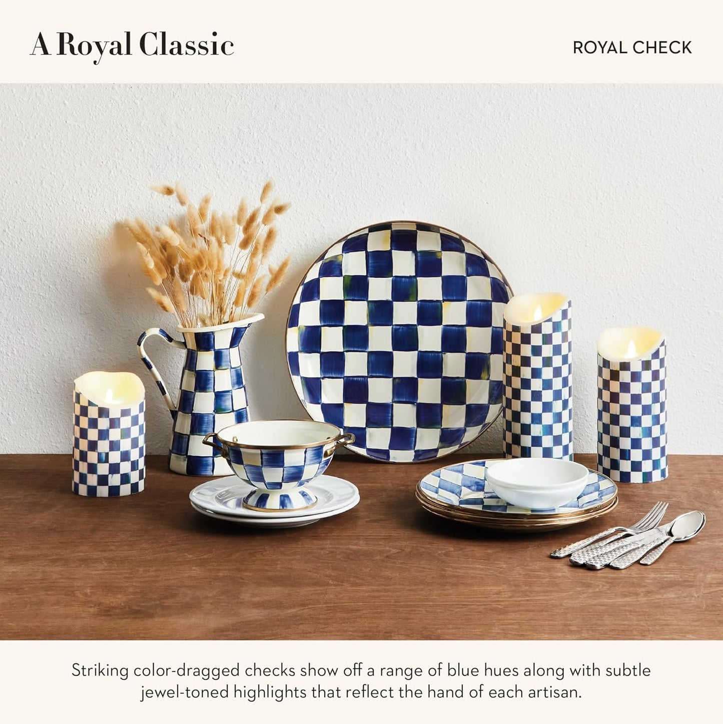 MACKENZIE-CHILDS Enamel Serving Platter, Decorative Serving Platter for Food, 16 Inches, Blue-and-White Royal Check