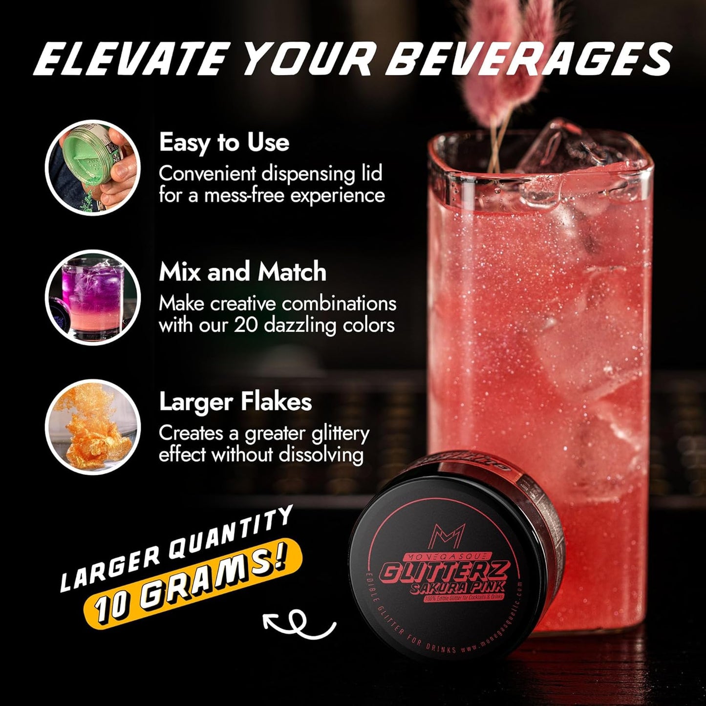 MONÉGASQUE Sakura Pink Edible Glitter for Drinks 10g – Pink Edible Glitter for Cakes & Cocktails – Halloween Drink Shimmer Powder – Sparkles for Drinks – Food & Cake Decorations Spray Sprinkles