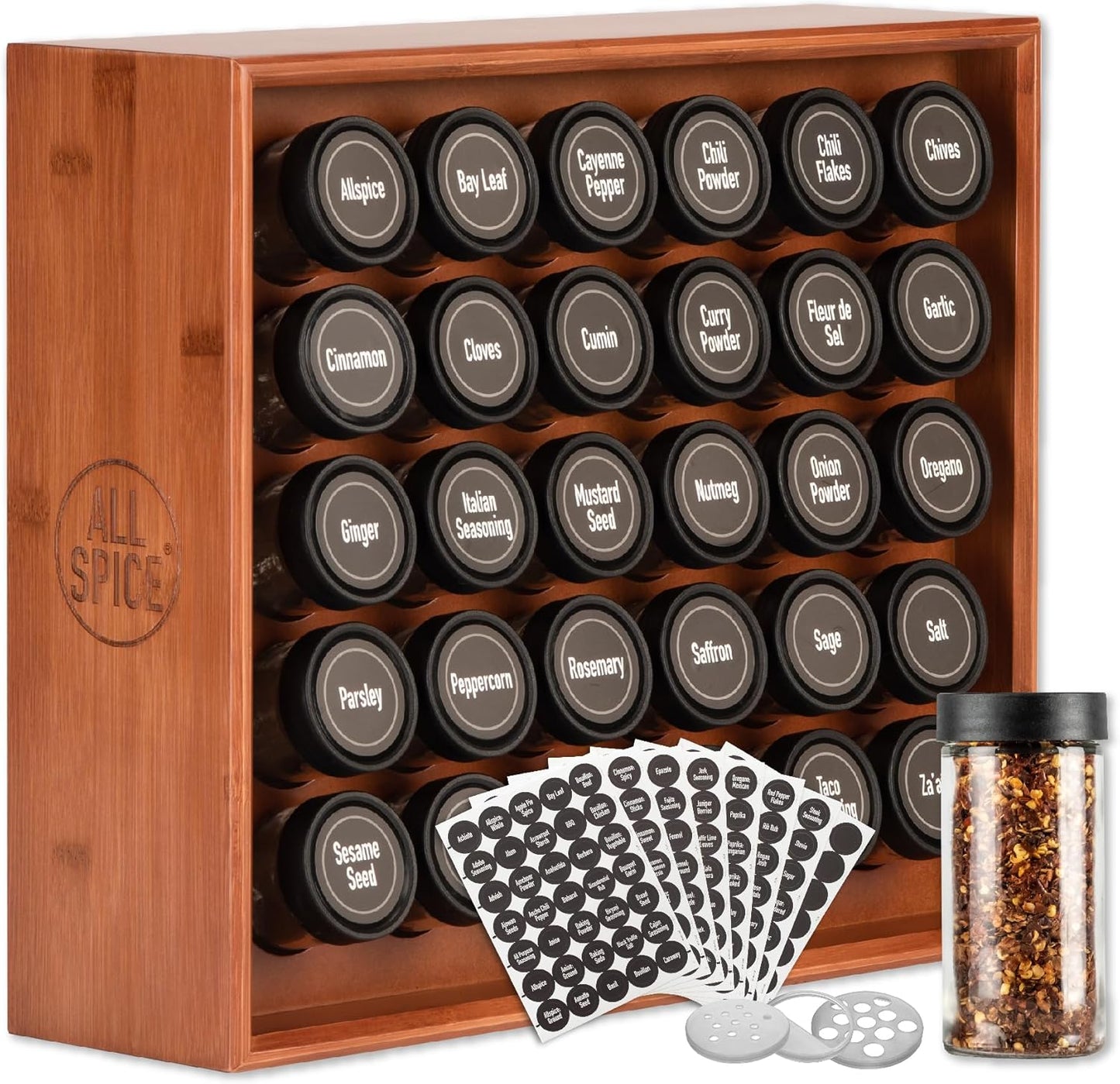 AllSpice Spice Rack Organizer, Wood, 525 Unique Labels, Countertop or Wall Mount, Includes 30 4oz Jars- Cherry Stain