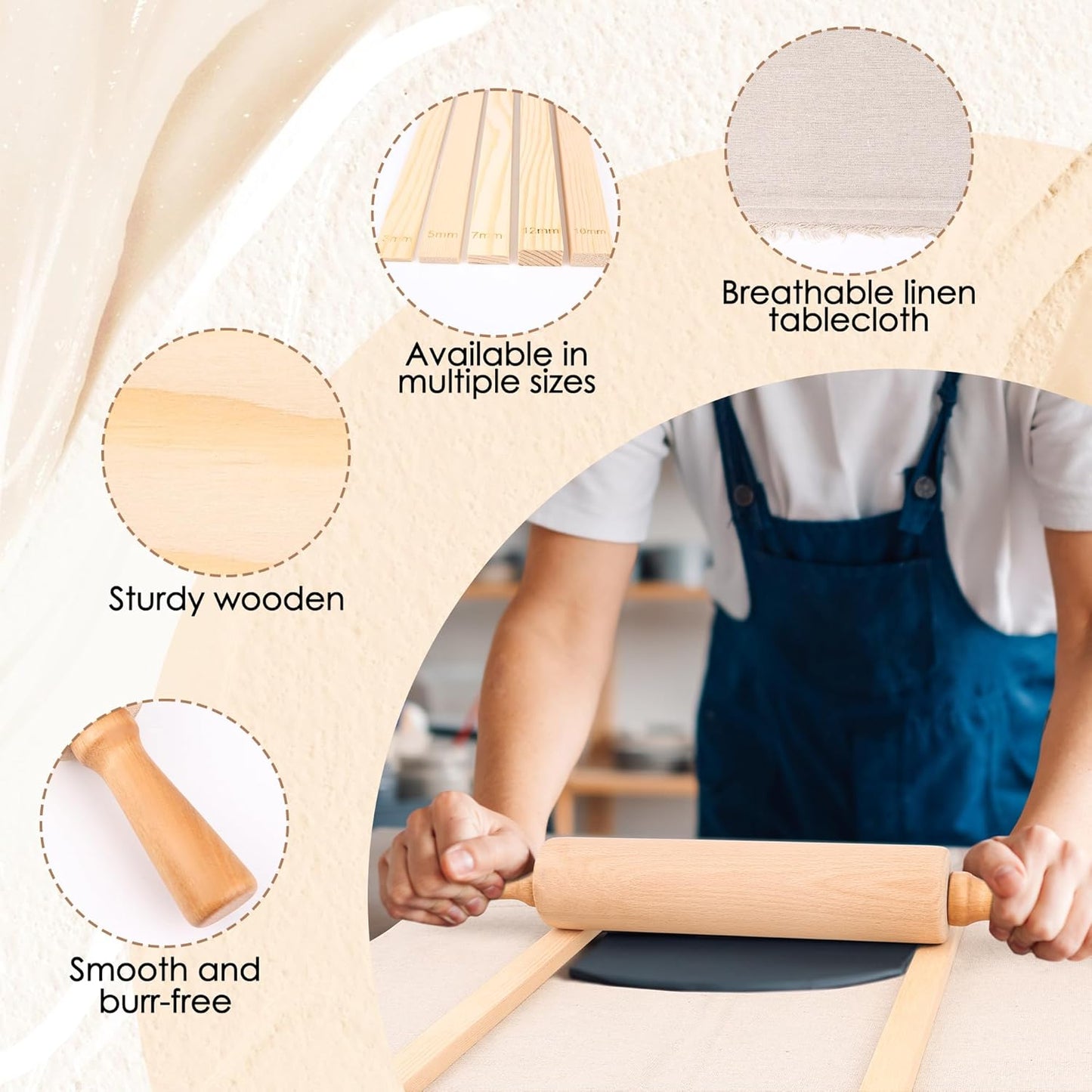 12 Pcs Pottery Tools Teaching Set, Include17in Slab Roller for Clay Pottery and 10 Pcs 5 Size Wooden Rolling Pin Guides, 1 Linen Tablecloth for Ceramic Clay Making