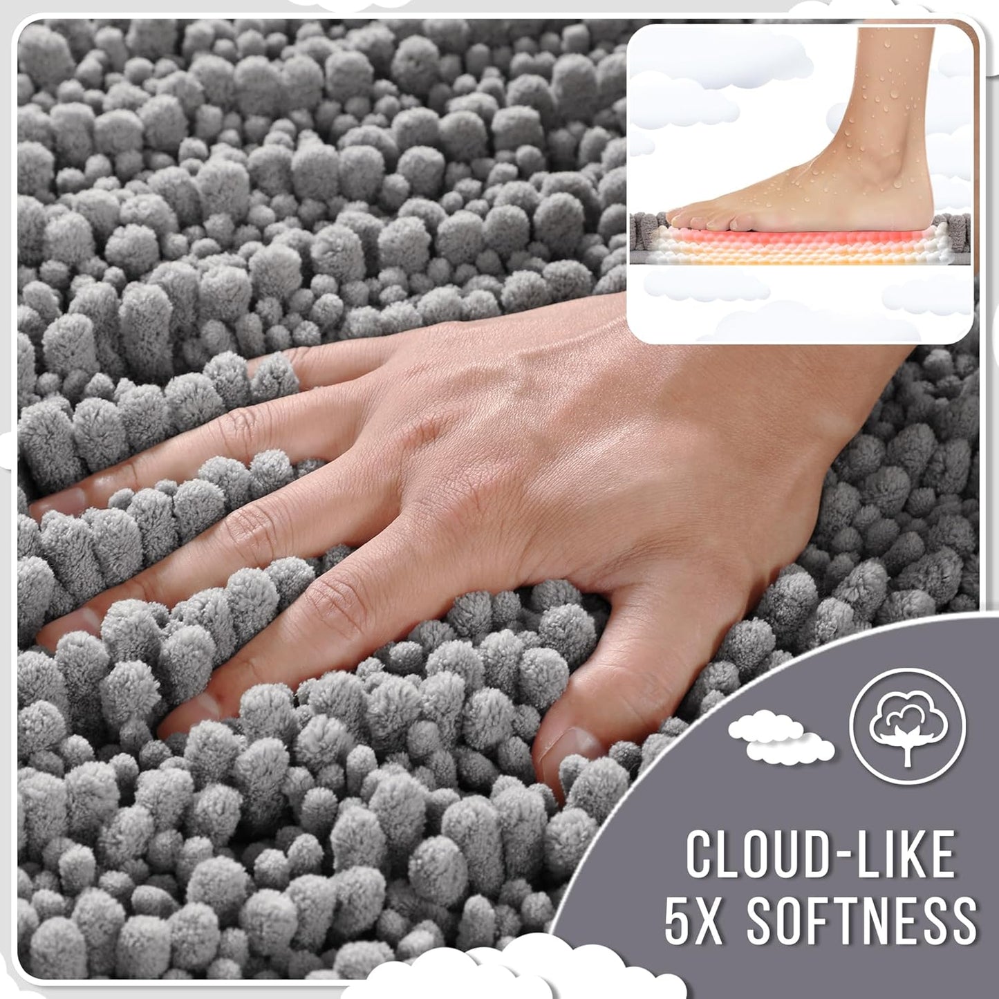 Yimobra Bathroom Runner Rug 55x24 Inch - Extra Long Non Slip Chenille Bath Mat, Soft & Absorbent, Machine Washable Shaggy Hallway Carpet for Vanity Tub Shower, Gray Home Decor Accessories