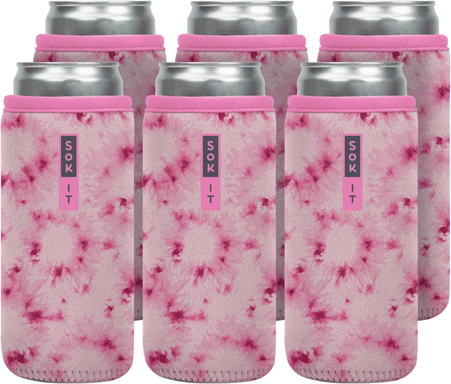 Sok It CanSok 6 Pack Sleeve for Beer & Soda Insulated Neoprene Cover (Pink Splash Tie Dye, 12oz Slim Can Sleeve - 6 Pack)