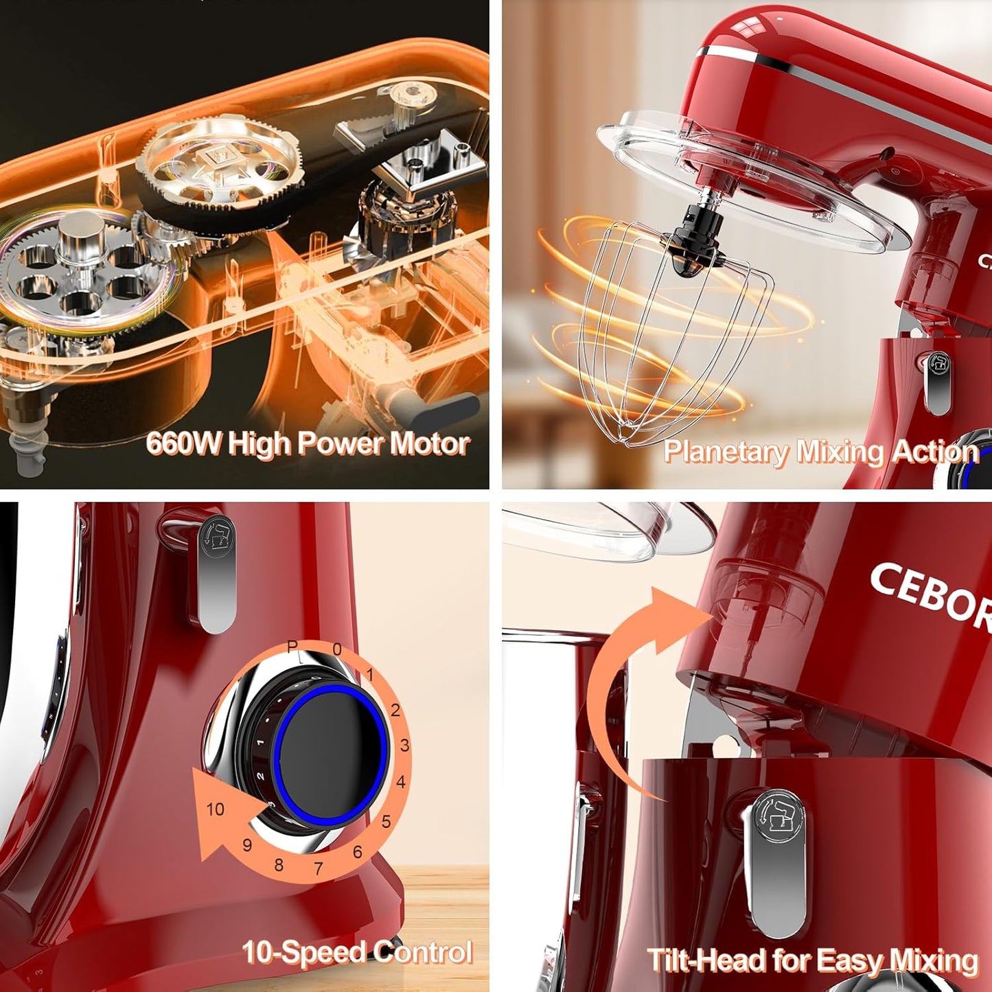 3-IN-1 Electric Stand Mixer, 6.5QT Bowl 660W 10-Speed Kitchen Mixer, Household Food Mixers include Dough Hook, Beater and Whisk, Bread Cake Mixer for Baking and Most Home Cooks, Red