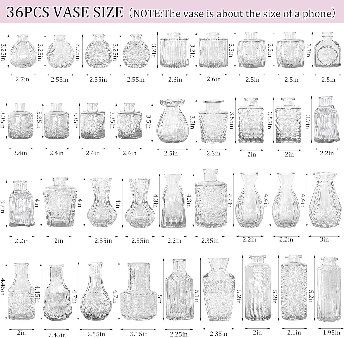 36Pcs Bud Vases Set Small Vintage Glass Bottles Clear Bud Vases in Bulk Multiple Shape Cute Glass Vases for Rustic Wedding Centerpieces Table Decorations and Home Decor(Clear)