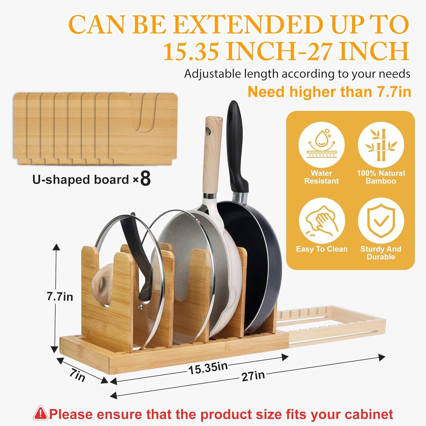 MinBoo Bamboo Expandable Pot Lid Organizer, Pot and Pan Organizer Drawer Organizer for Pot Lids, Adjustable 8 U-Shaped Dividers for Kitchen Cabinet Organizers and Storage