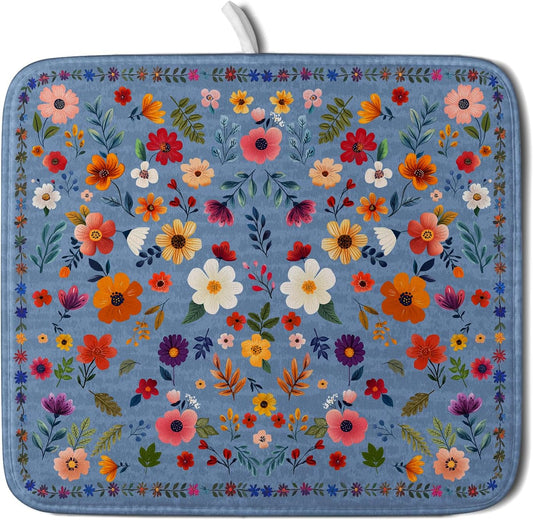 Lovely Flowers Dish Drying Mat - Blue Floral Kitchen Counter Microfiber Drying Pad 16 X 18 for Home Decor