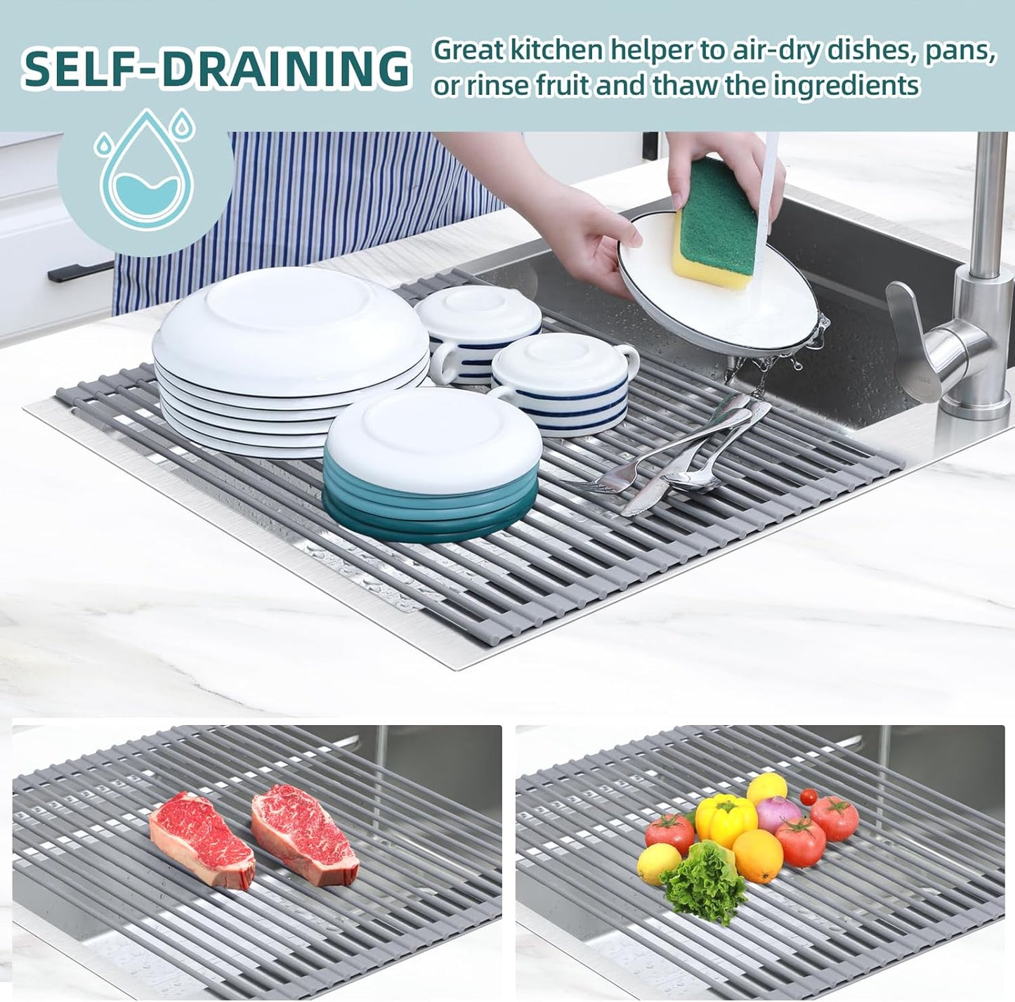 Ohuhu Sink Drying Rack, 20.5" W x 16.1" L Over The Sink Roll-Up Dish Drainer - Rolling Foldable Accessories Heat-Resistant Mat Anti-Slip Silicone Coated Multipurpose for Kitchen Counter
