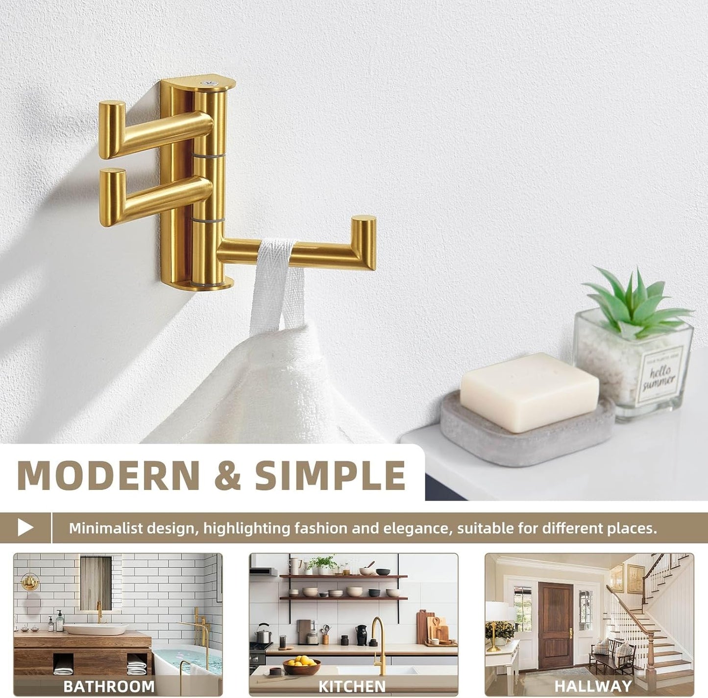 Suyar Brushed Gold Towel Hook, SUS 304 Stainless Steel Bathroom Coat Robe Holder with 3 Swivel Arms, Wall Hook for Kitchen Entry Garage