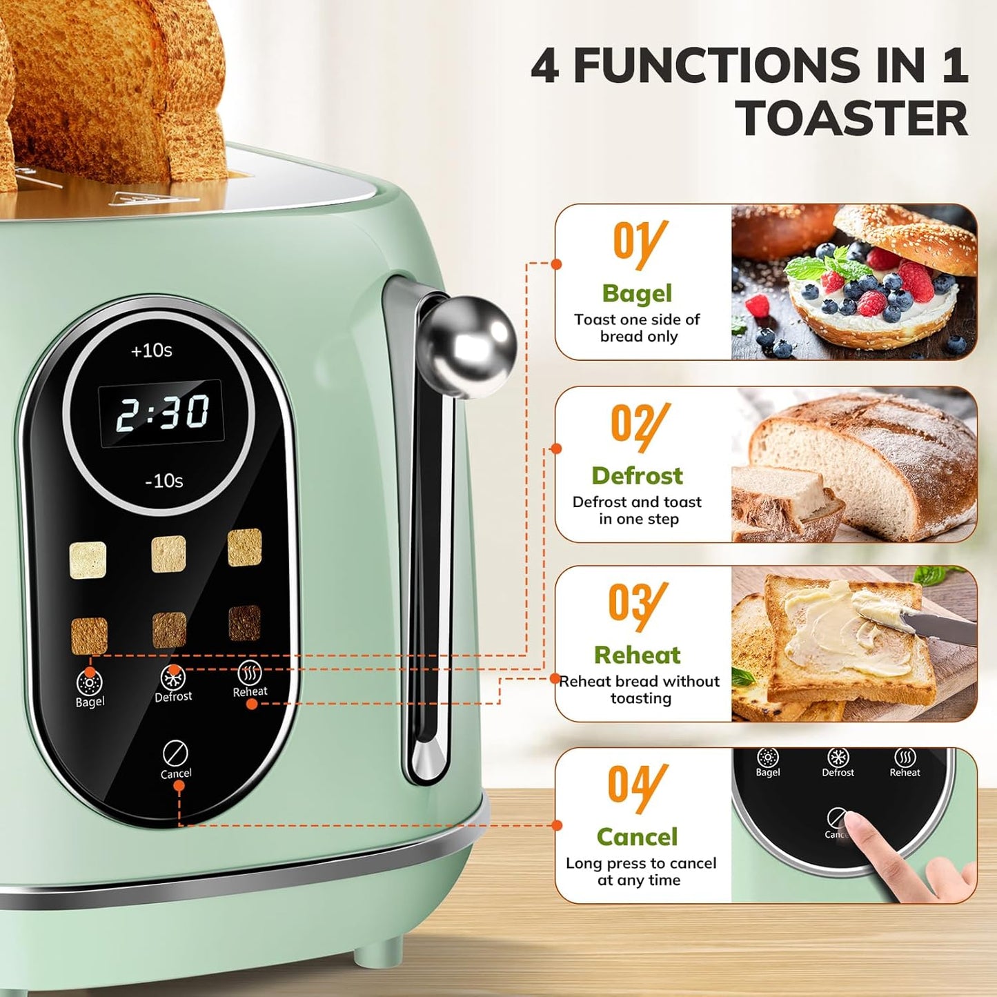 Keenstone Smart Touch Screen Toaster 2 Slice, Retro Wide Slot Stainless Steel Toaster with 6 Browning Levels, Reheat & Defrost, for Bagel, Toast, Bread, Removable Crumb Tray, Green