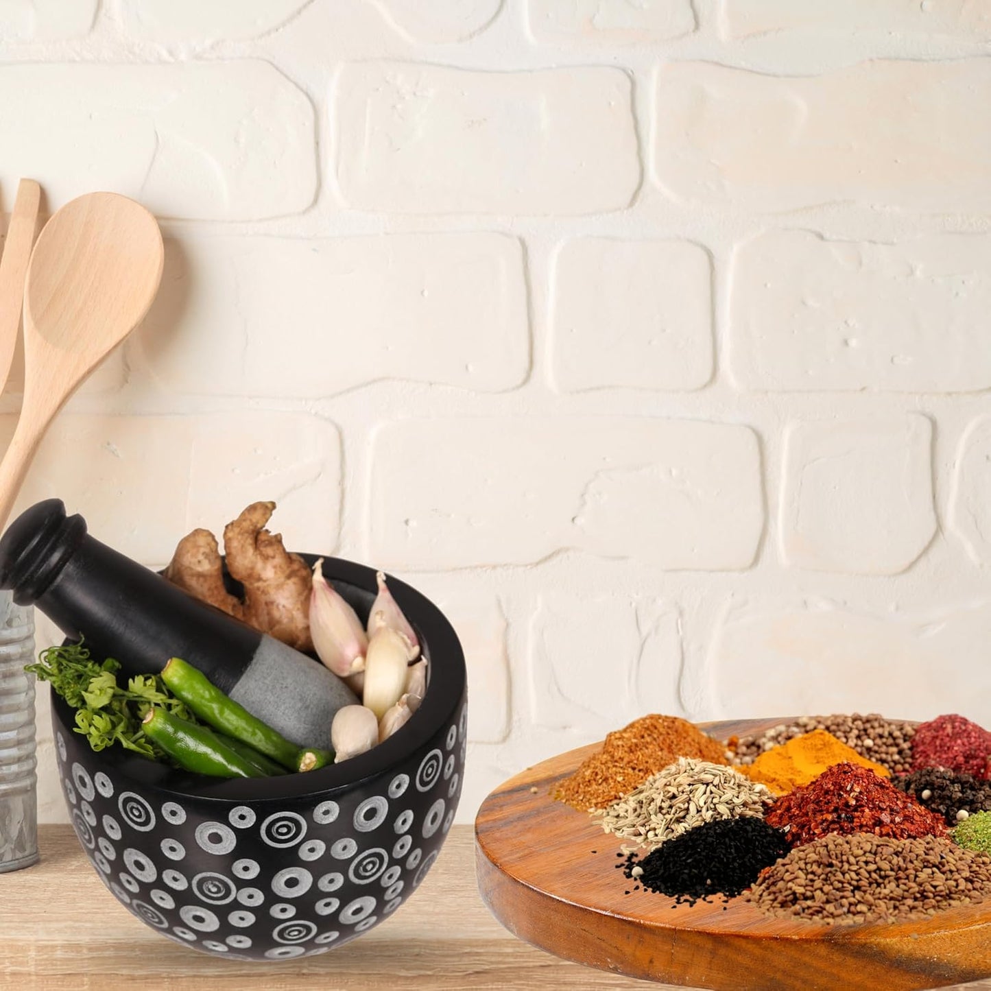 Mortar and Pestle, Made of Heavy Duty Polished Hard Stone, Natural Stone Grinder for Spices, Pastes, Herbs, Seasoning etc. (Dots)