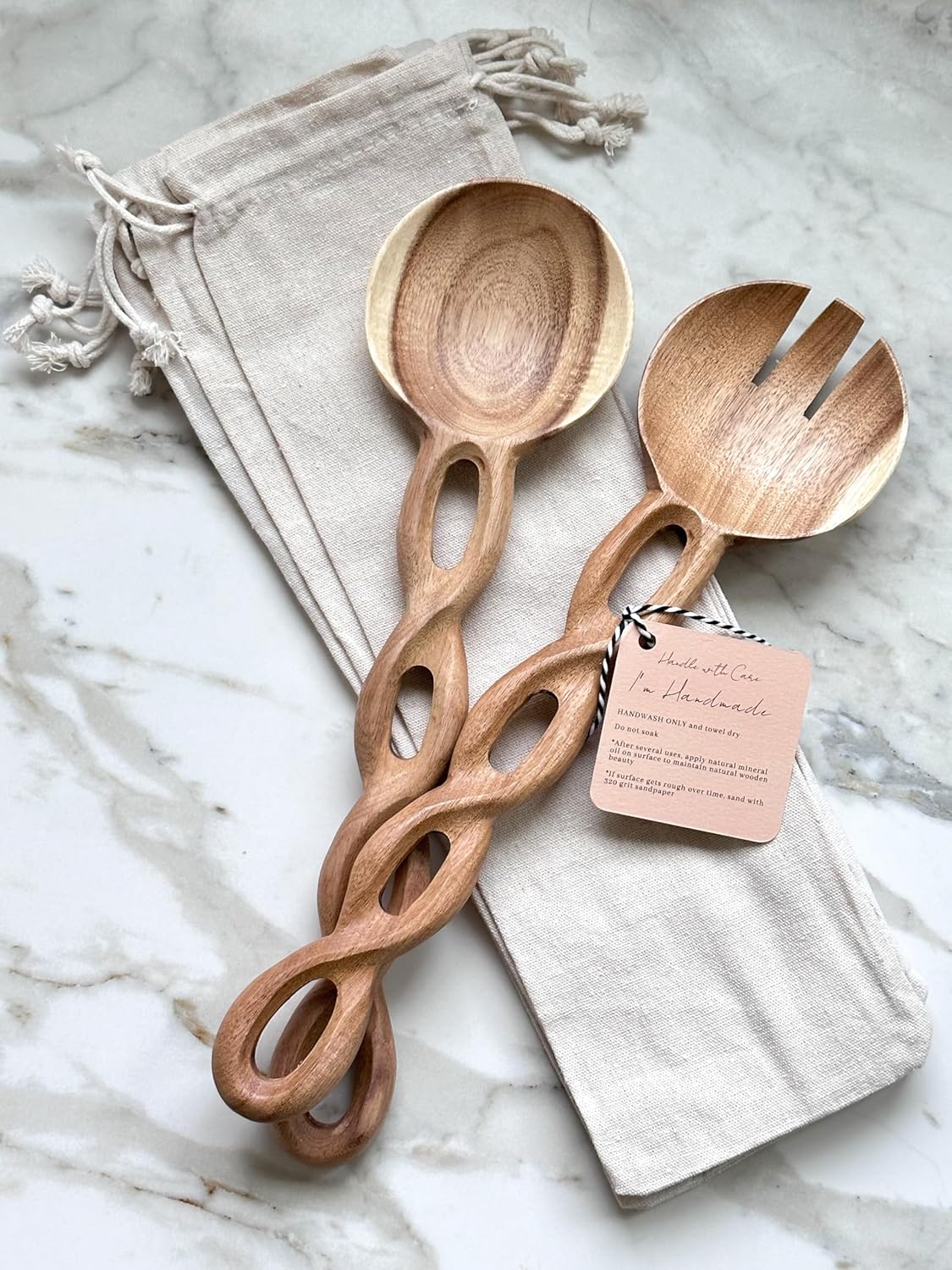 13" Wood Salad Tongs For Serving, Acacia Wood Kitchen Utensils Set, Salad Mixing Dinner Fork and Spoon Long Handle Salad Server Set Kitchen, Housewarming Gift Ideas, Set of 2 (Acacia Wood)