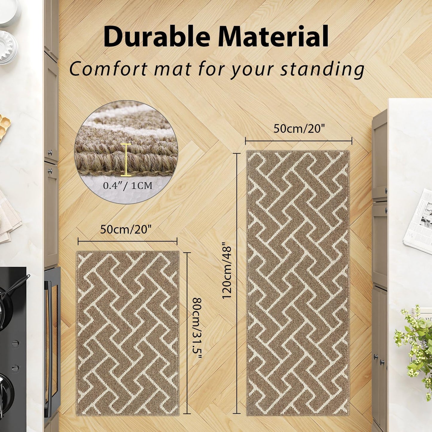 hicorfe Kitchen Rugs and Mats Sets,Non-Slip 2 Pieces Absorbent 100% Polypropylene Rug,Comfort Kitchen Runner Mat,Washable for Kitchen,Sink,Laundry(20" x 31.5" Plus 20" x 48",Beige)