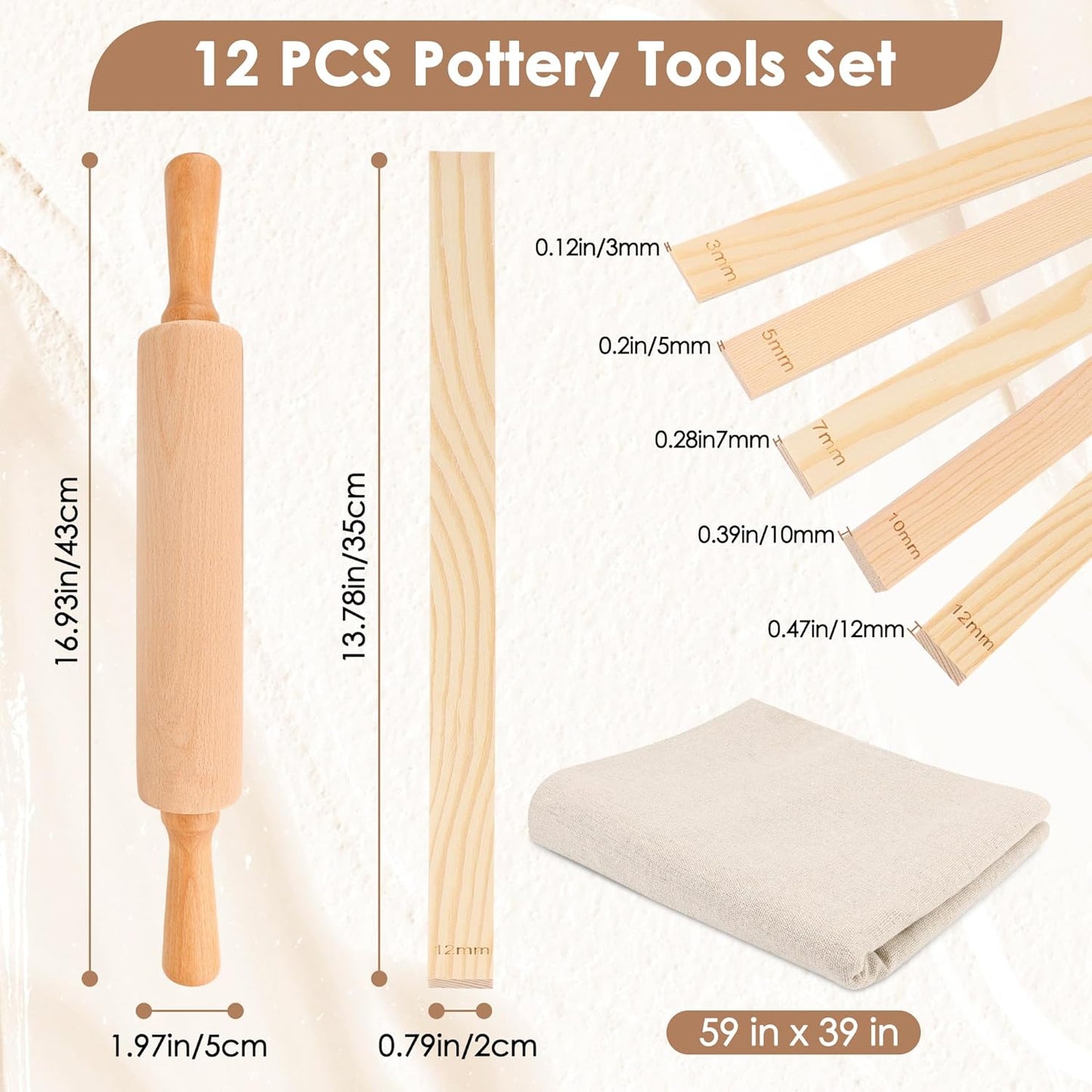12 Pcs Pottery Tools Teaching Set, Include17in Slab Roller for Clay Pottery and 10 Pcs 5 Size Wooden Rolling Pin Guides, 1 Linen Tablecloth for Ceramic Clay Making