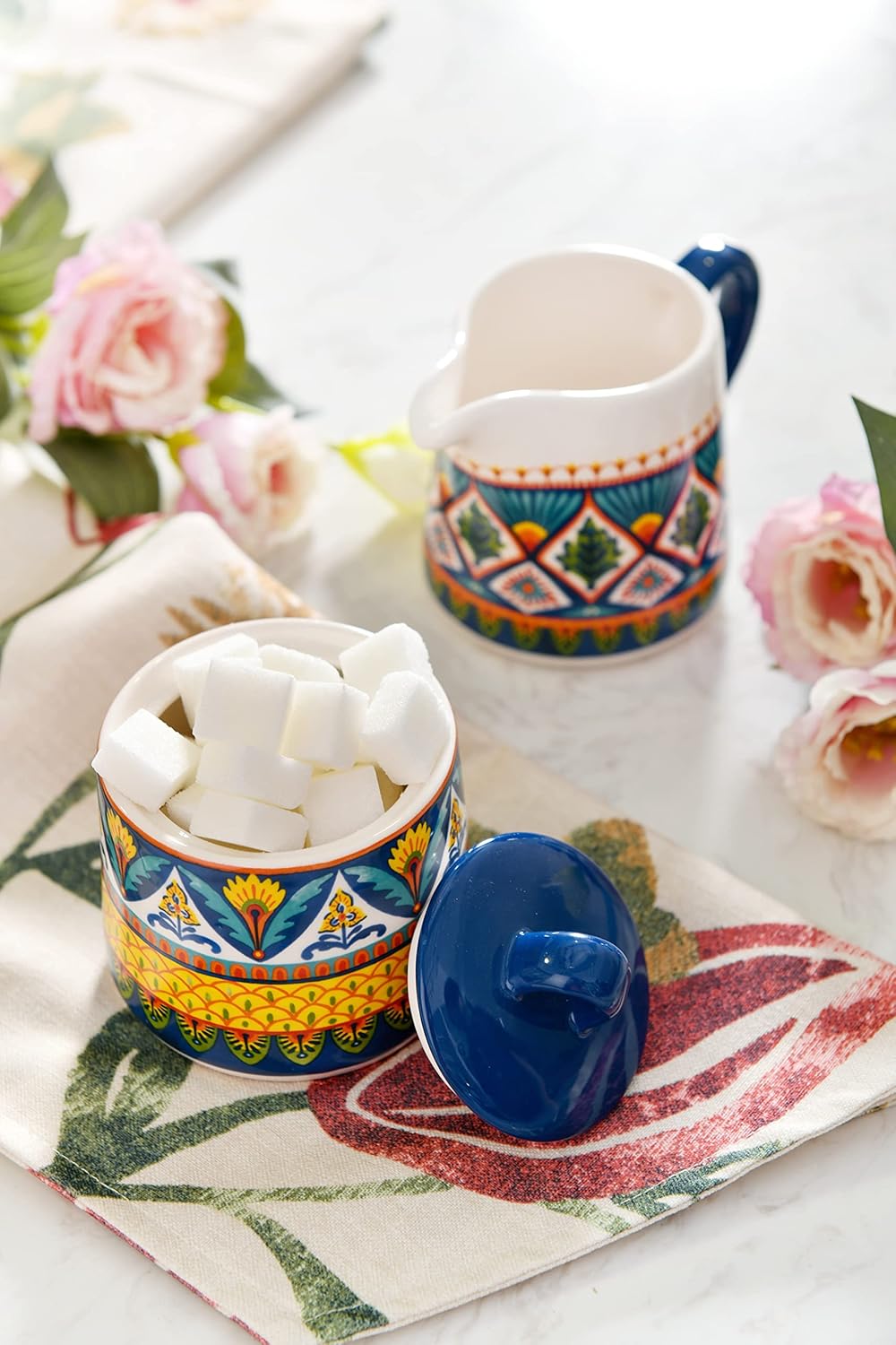 Bico Havana Ceramic Sugar and Creamer Set, Sugar Bowl with Lid, Cute Container for Coffee Bar, Kitchen Countertop Accessories, Microwave and Dishwasher Safe